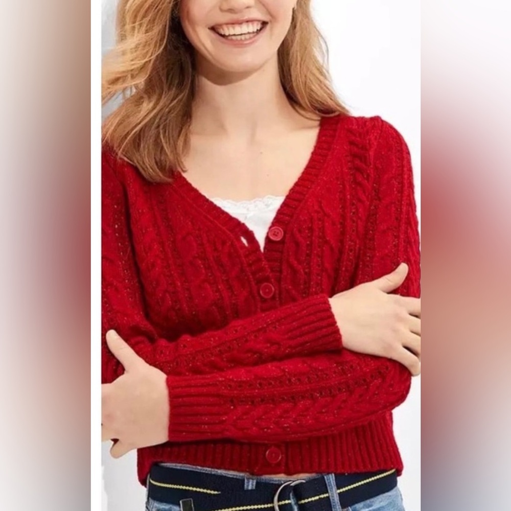 American Eagle Xs Red Button Down Cable Knit Swea… - image 1